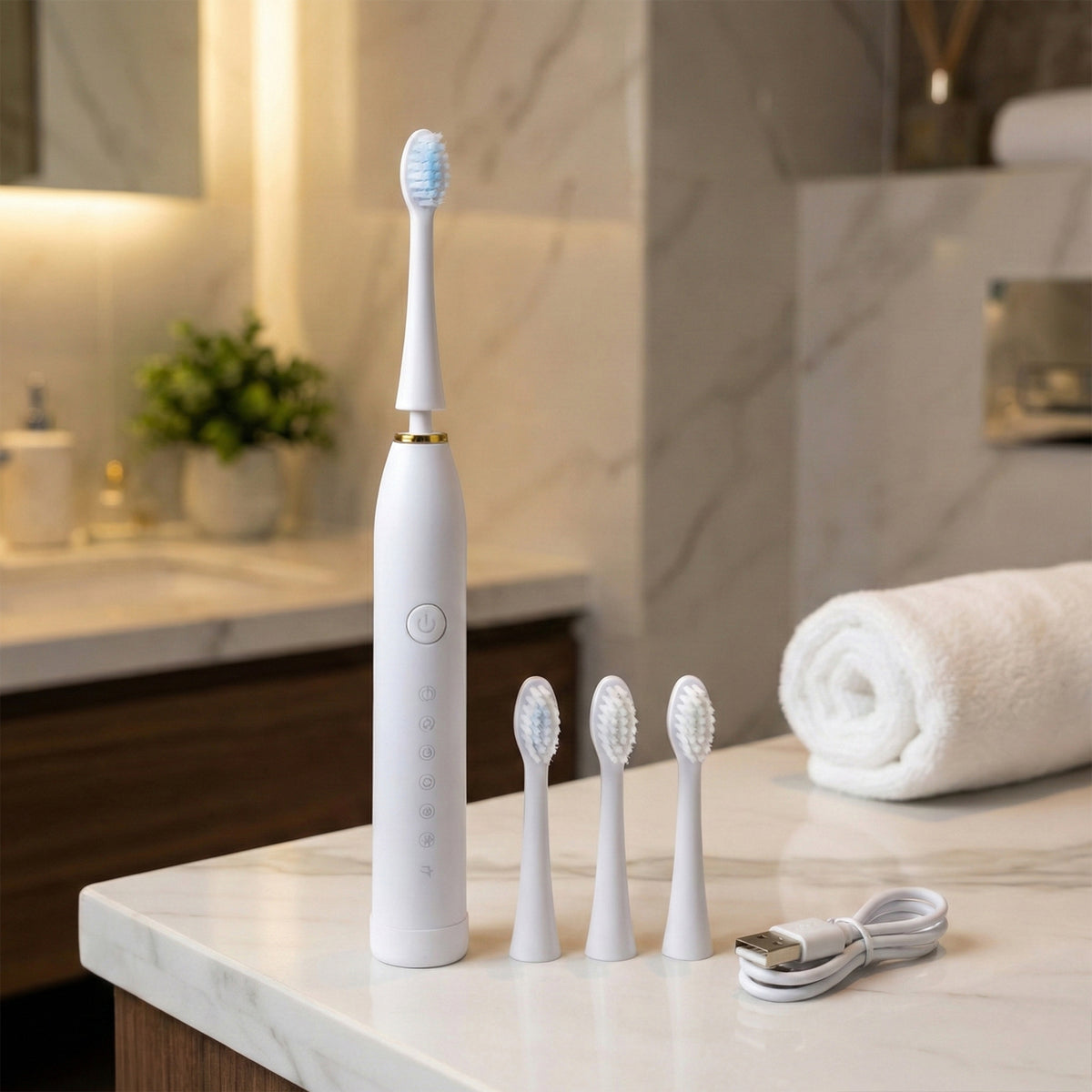 Rechargeable Electric Toothbrush White Color With 3 Extra Head (1 Pc )
