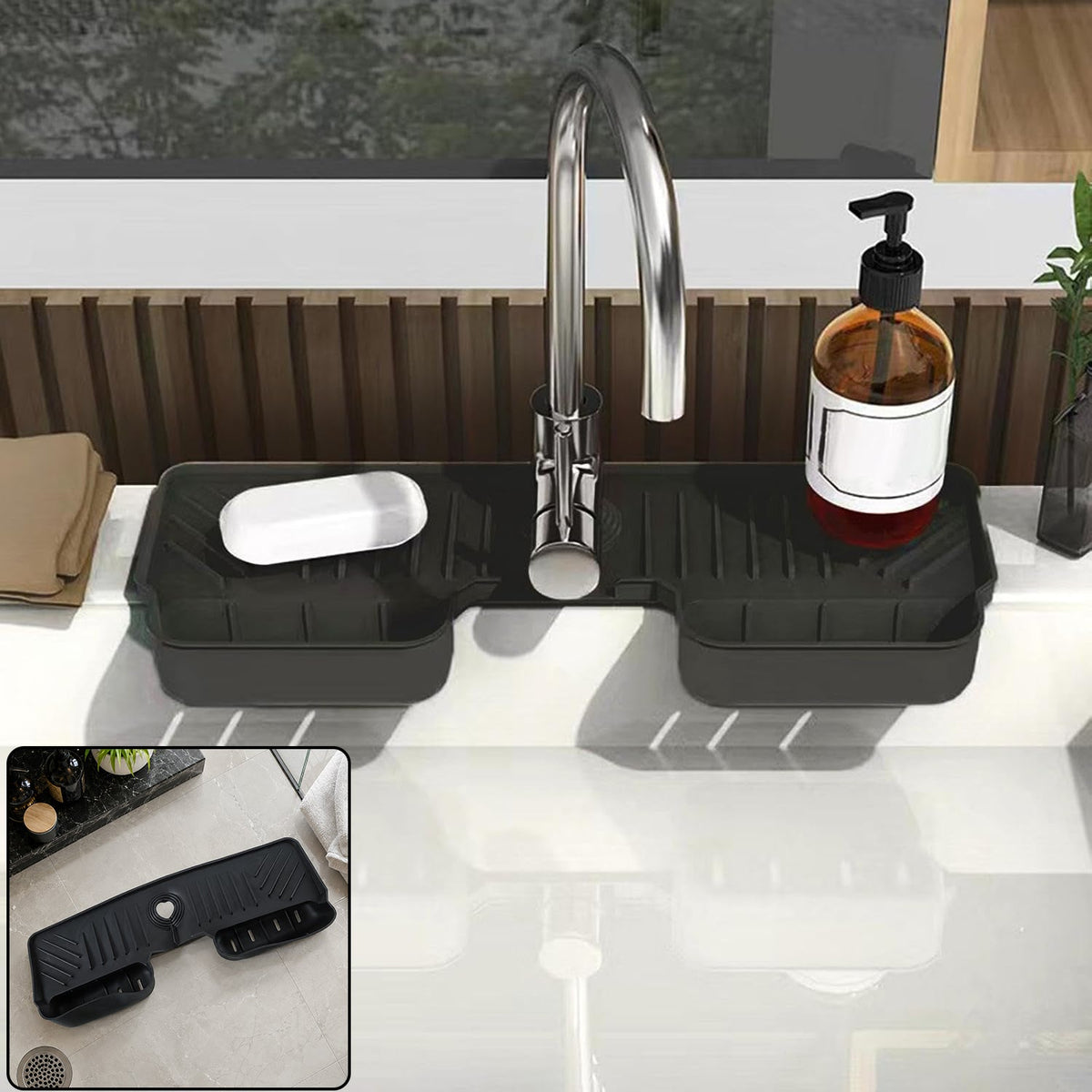 Faucet Splash Guard Mat With Drainage Tray For Kitchen And Bathroom Sink (1 Pc)
