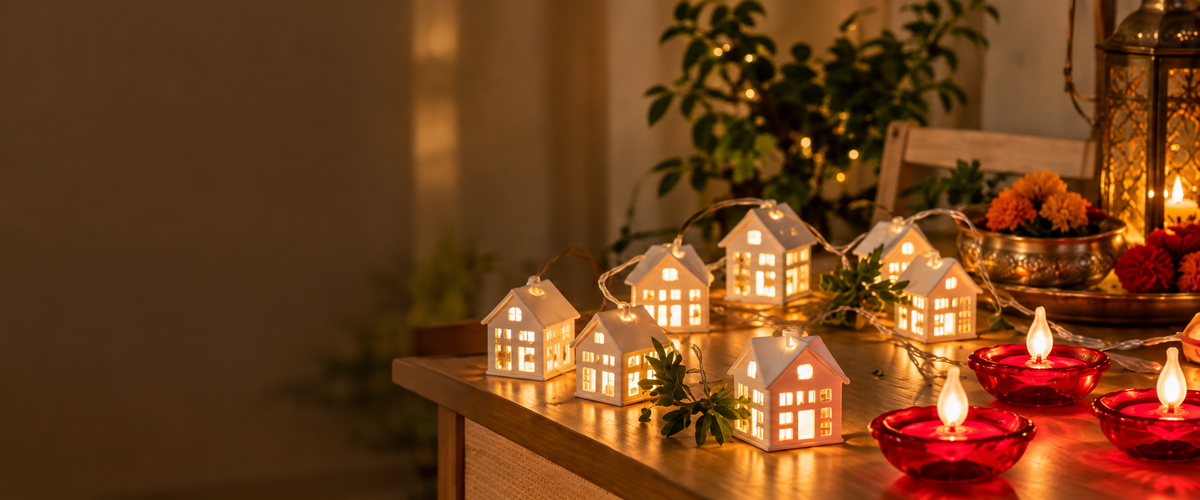 White house string lights and glowing red decorative diyas in a warm festive home